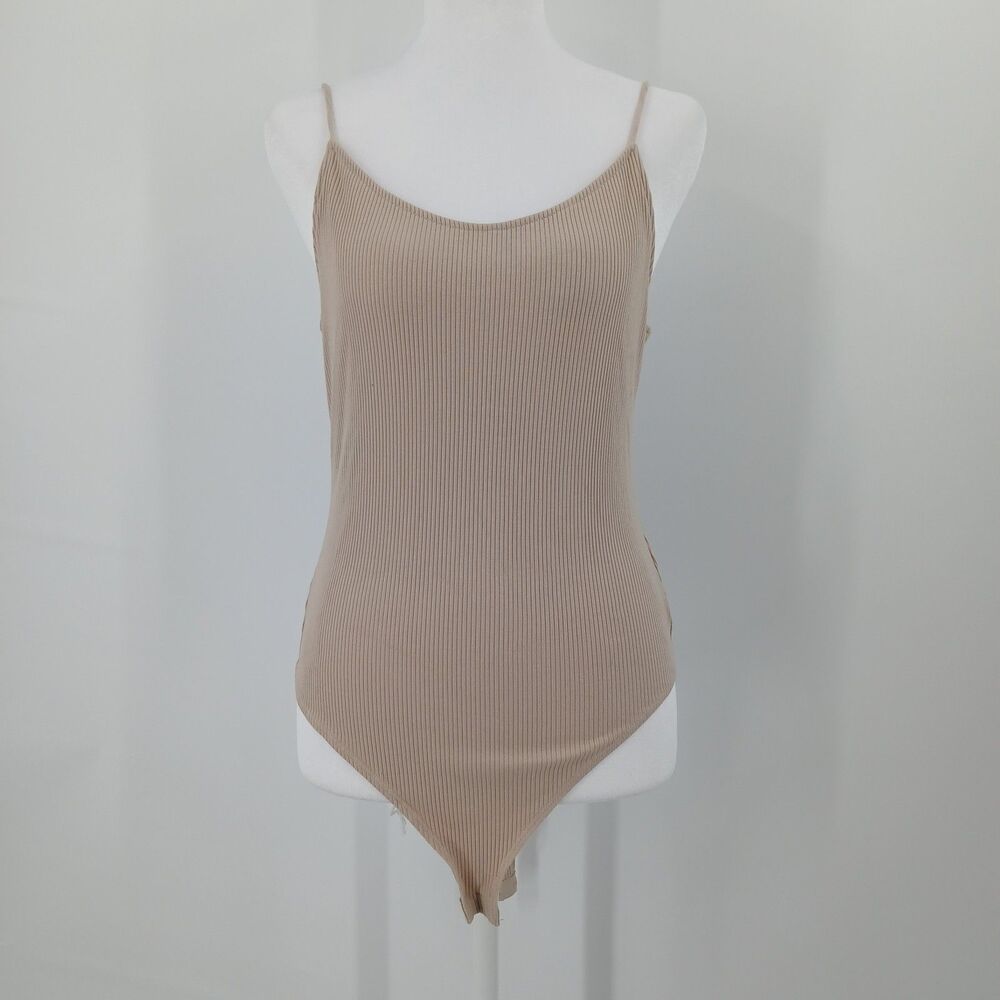 H&M Ribbed Bodysuit Womens M Beige Minimalist Basic Capsule Aesthetic